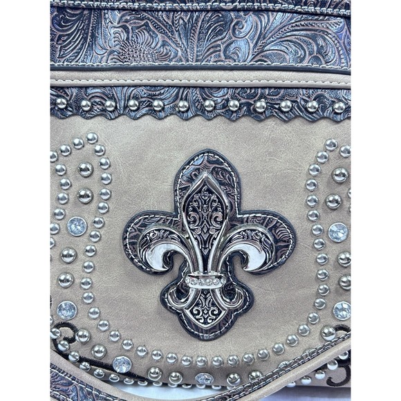 Fleur De Lis Rhinestone Leather Purse Embossed Tan Brown Shoulder Bag Western - Picture 2 of 16